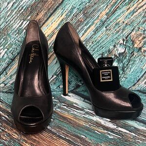 Cole Haan black leather peep-toe platform high heel